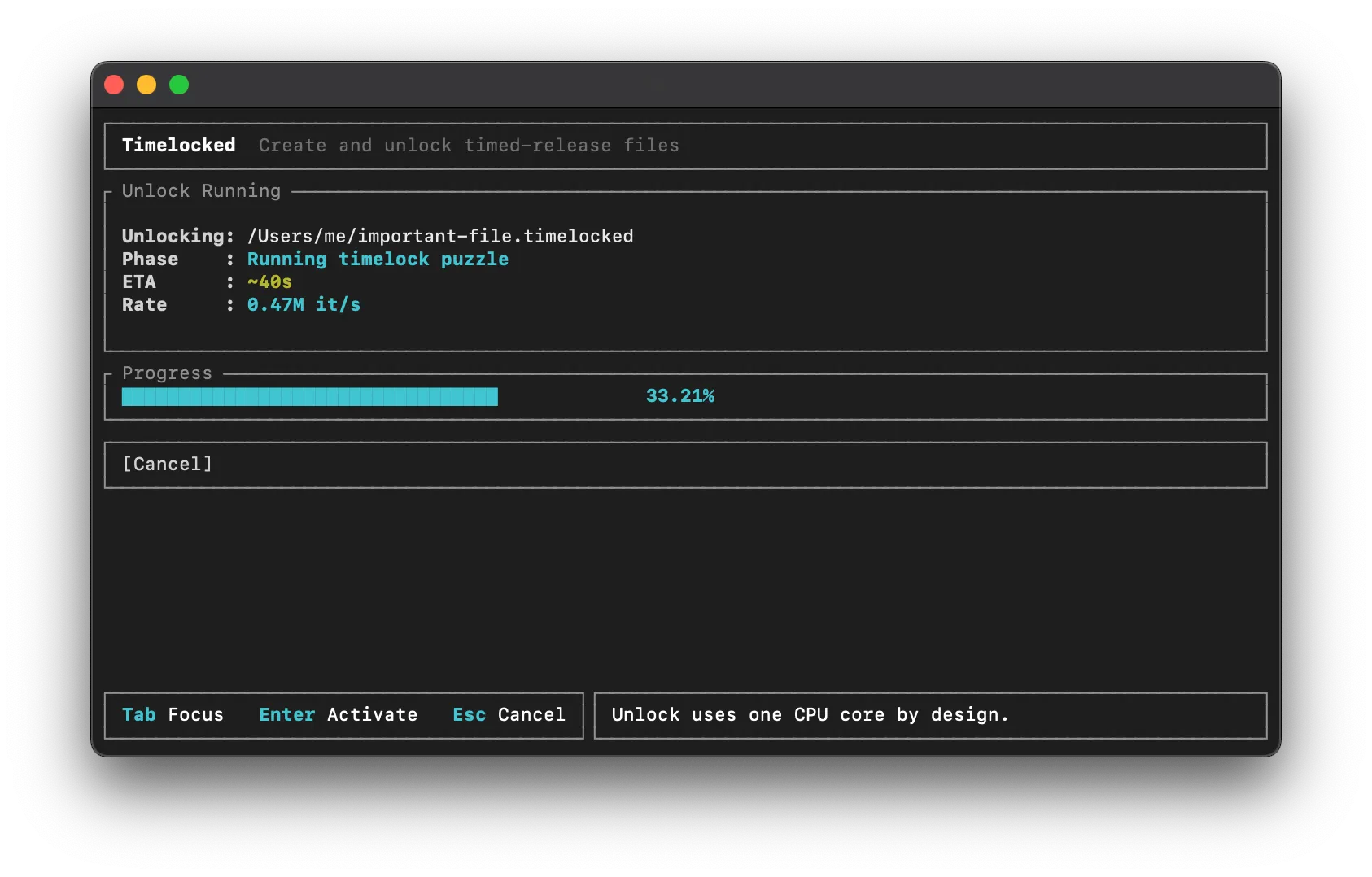 Screenshot of the Timelocked desktop app showing terminal-style controls, file-locking actions, and unlock progress details in the local interface.